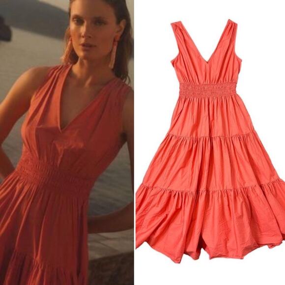 Anthropologie Dresses & Skirts - ANTHROPOLOGIE Maeve Coral Rose Sleeveless V Neck Tiered Midi Dress Pockets Sz 4